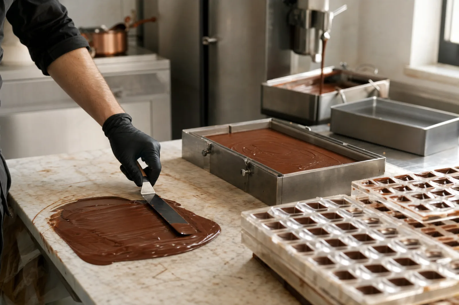 Chocolat tempéré étalé sur marbre, cadre à ganache et moules polycarbonate