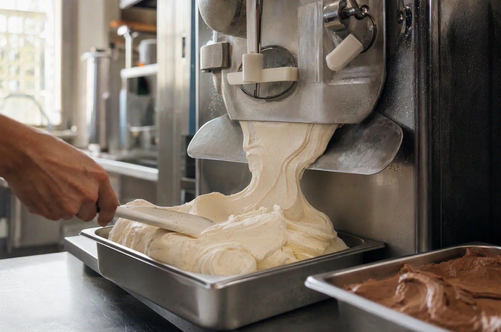 Glace vanille sortant de la turbine dans un bac gastronorme