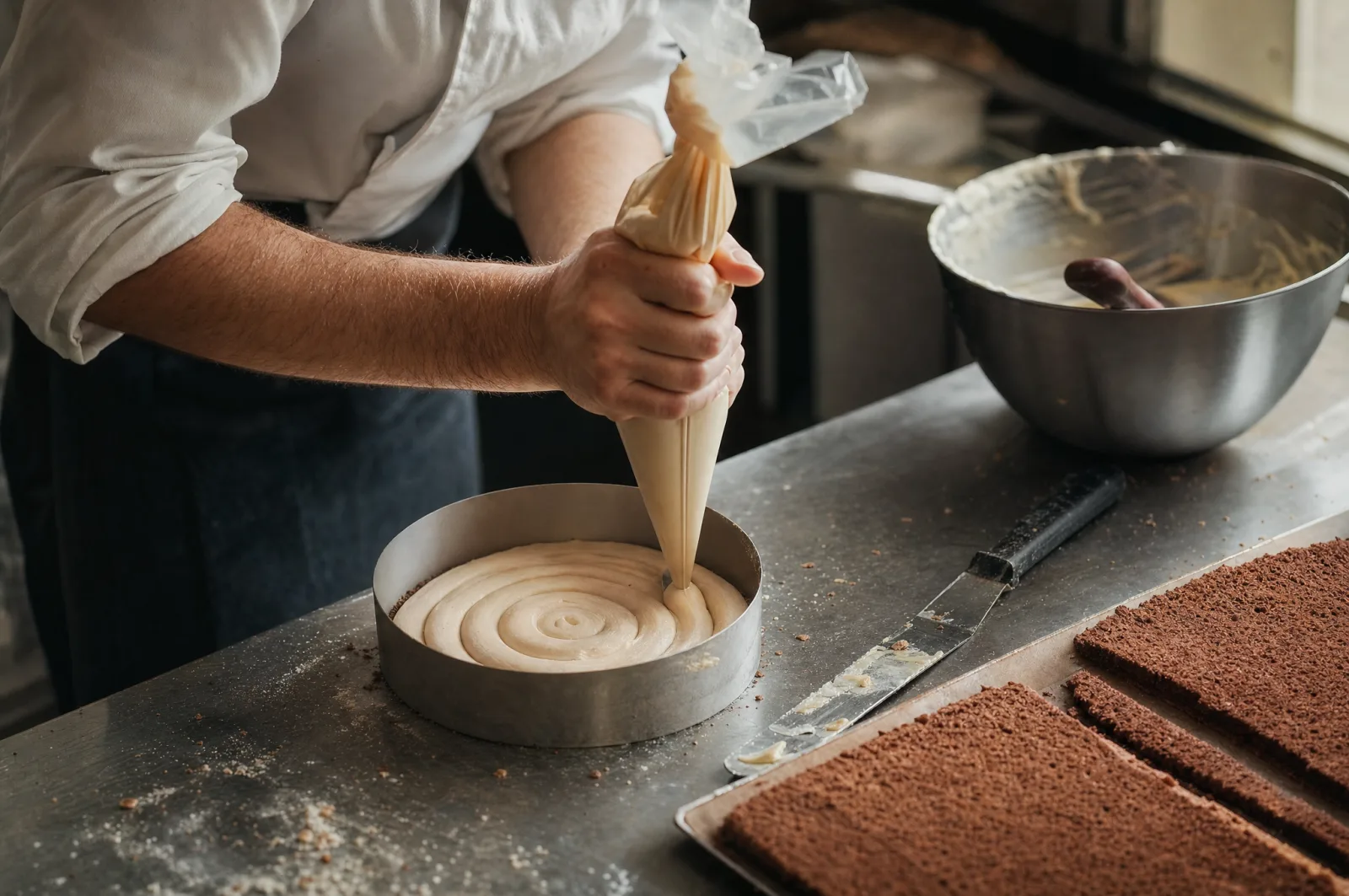 Pâtissier pochant un crémeux dans un cercle, plaques de biscuit au chocolat à côté